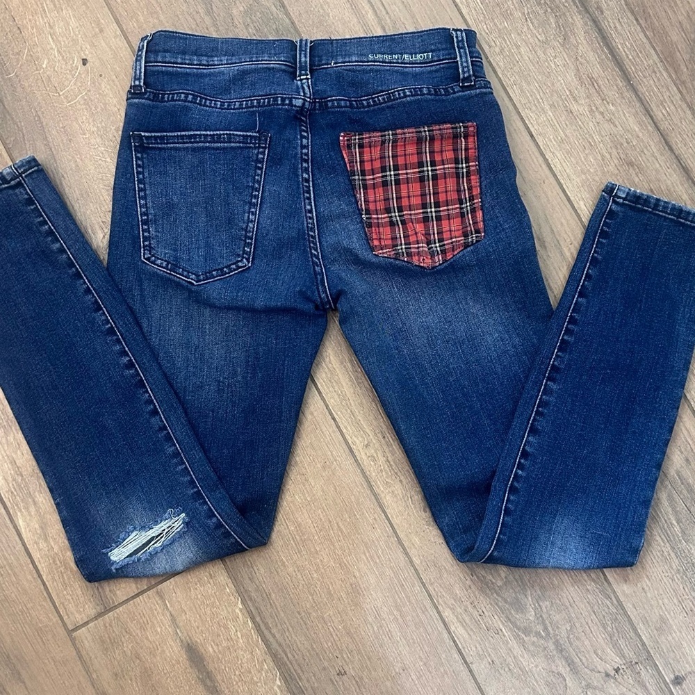 Current/Elliott Blue Jeans with Red Plaid Accent